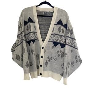 Vintage Ugly Grandpa Dad Sweater Cardigan 80's Mens Black White Gray Size L